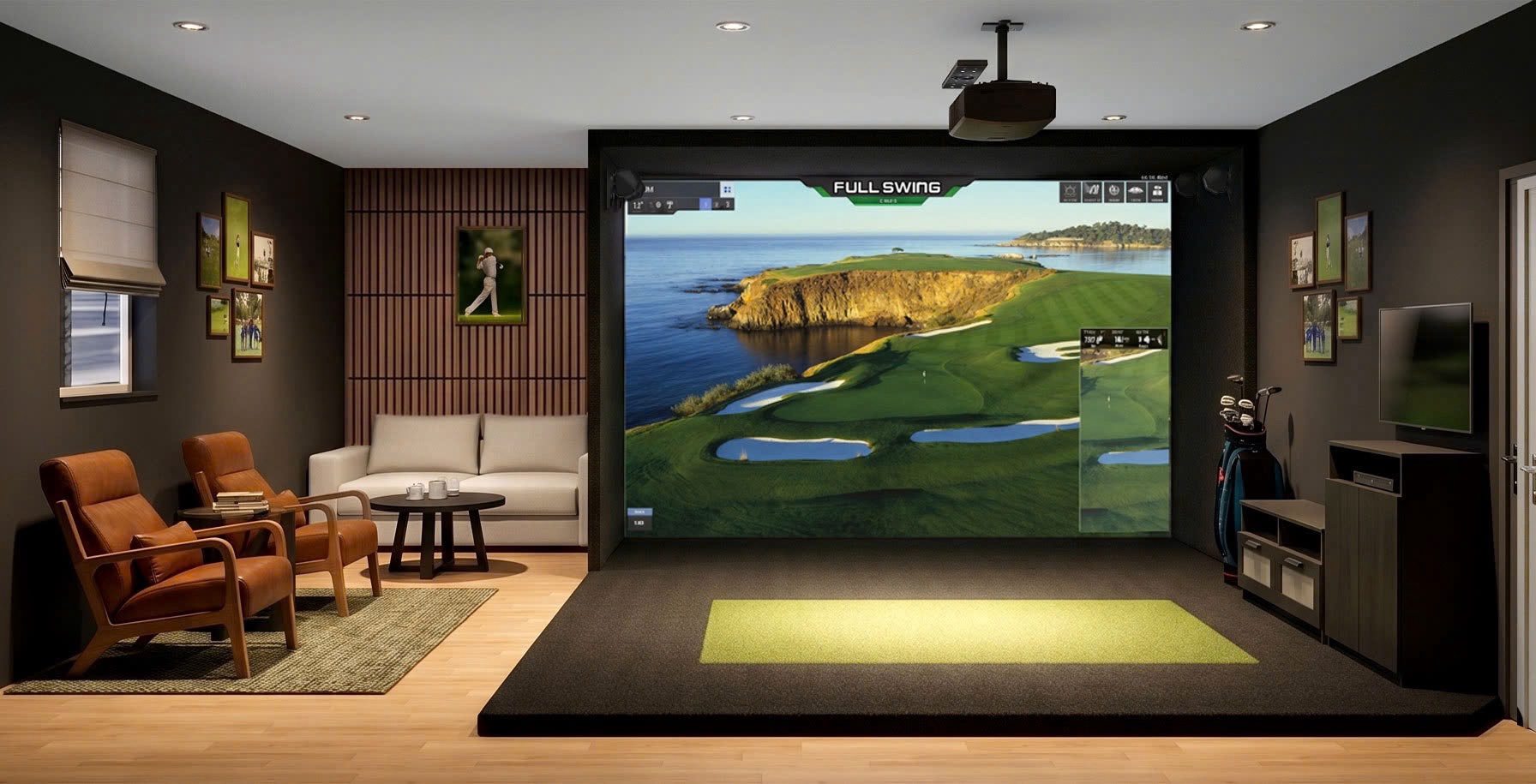 Full simulator room with seating area and big screen