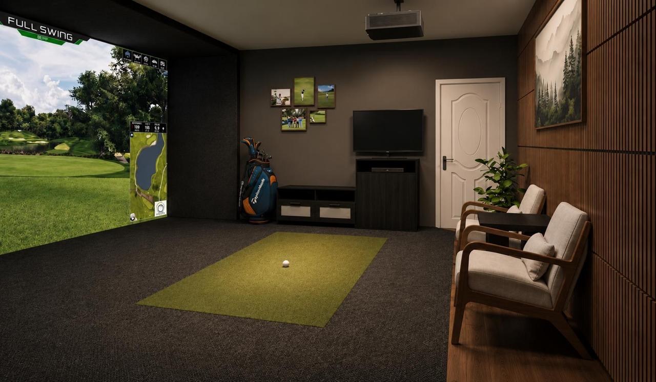 Full Swing simulator bay with hitting mat and projector